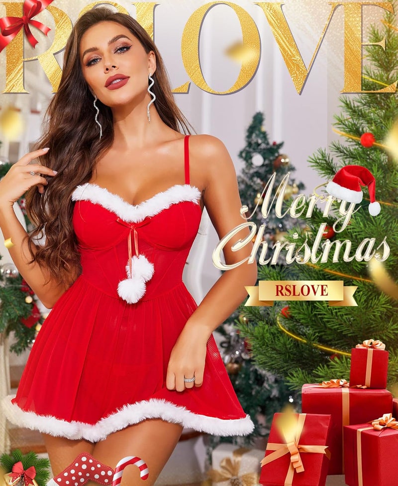 RSLOVE Christmas Babydoll Lingerie for Women - Sexy Santa Chemise Holiday Outfits Womens Red Mesh Xmas Sleepwear - Image 2
